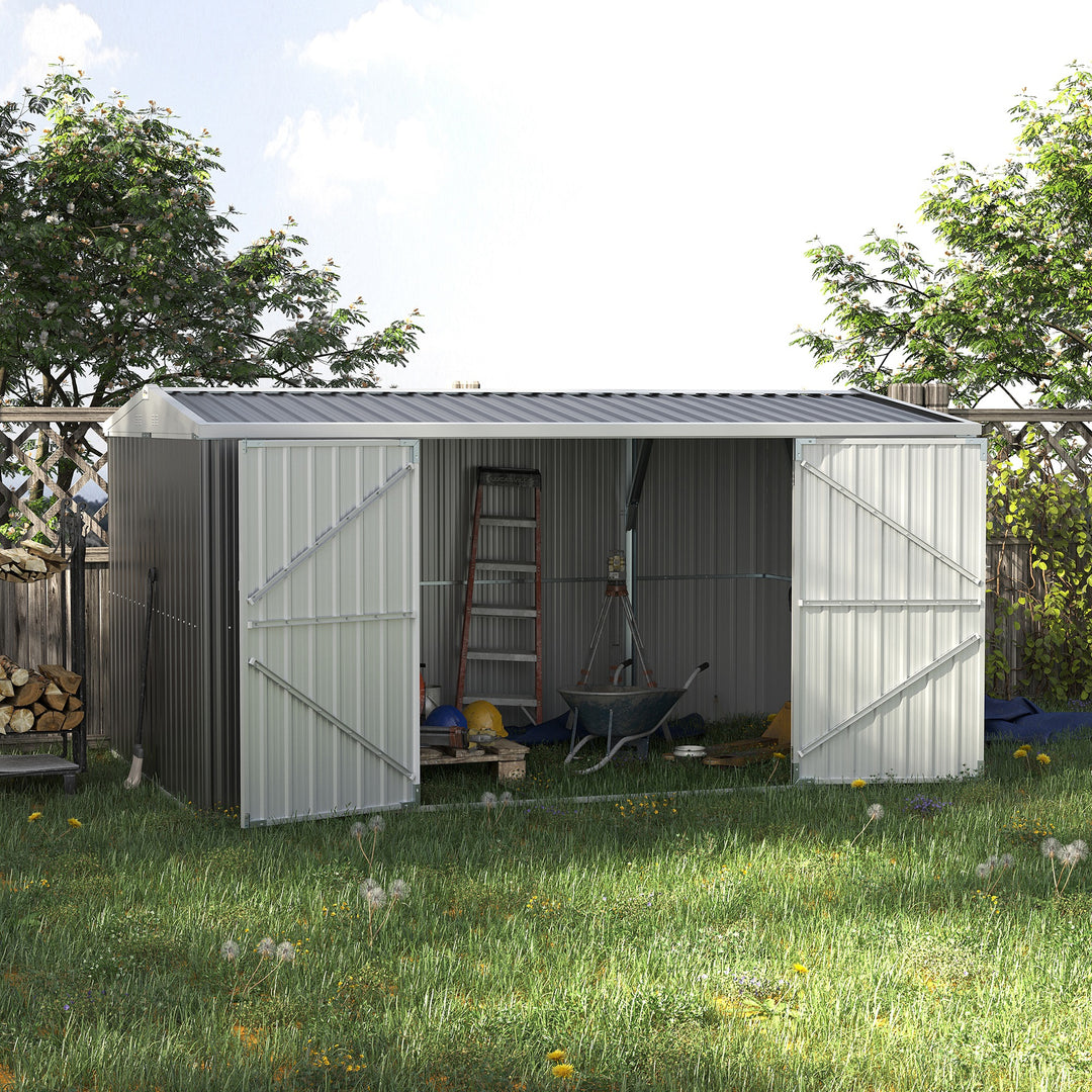 Outsunny 14 x 9 ft Lockable Garden Shed Large Patio Roofed Tool Metal Storage Building Foundation Sheds Box Outdoor Furniture, Grey