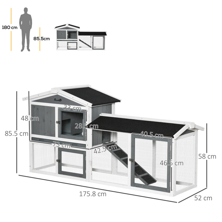 2 Tier Wooden Rabbit Hutch, Guinea Pig Cage, Bunny Run, Small Animal House with Run Box, Slide-out Tray, 175.8 x 52 x 85.5cm, White