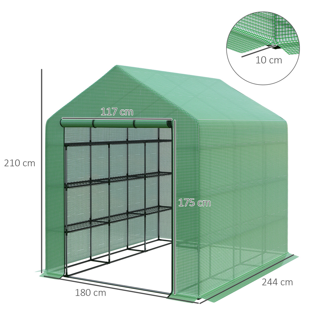 Outsunny Poly Tunnel Steeple Walk in Garden Greenhouse with Removable Cover Shelves - Green 244 x 180 x 210cm