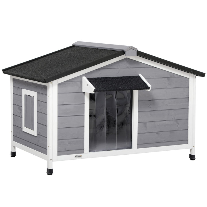 Large Wooden Dog Kennel Elevated Dog Kennels for Outside, with Openable Top, Asphalt Roof, Windows, Curtain, Removable Tray, Adjustable Leg, Dog House Outdoor, 109L x 79W x 72H cm, Grey