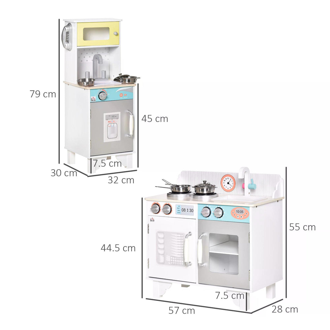 Two Kids Wooden Toy Kitchen Play Cooking Set Pretend Role Playset, with  Sink, Telephone, Storage Basket, for 3-6 Years Old