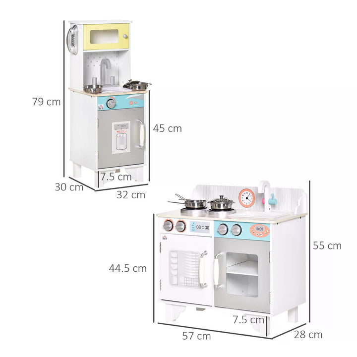 Two Kids Wooden Toy Kitchen Play Cooking Set Pretend Role Playset, with  Sink, Telephone, Storage Basket, for 3-6 Years Old