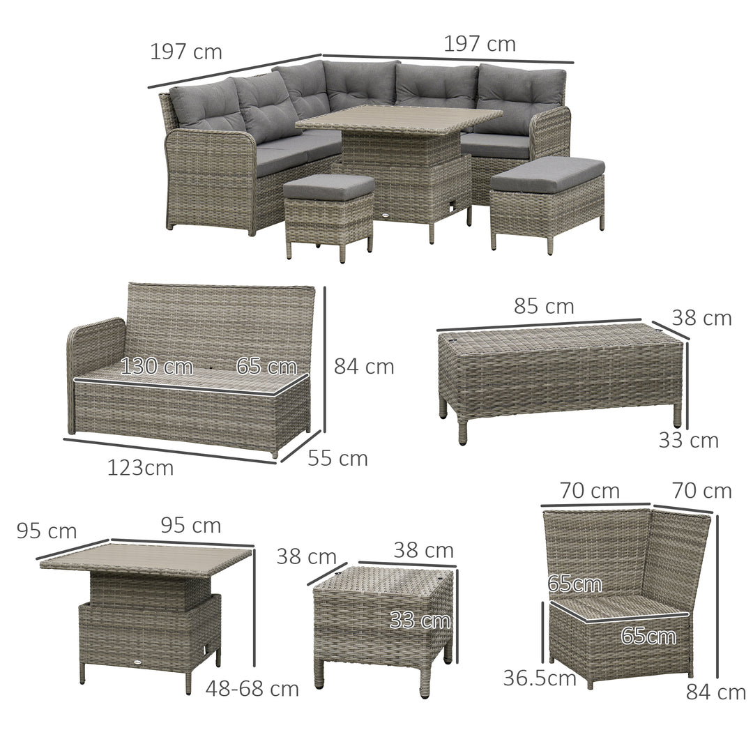 6 Pieces Outdoor PE Rattan Garden Furniture, Patio Wicker Sectional Conversation Corner Sofa w/ Soft Padded Cushion & Liftable Coffee Table