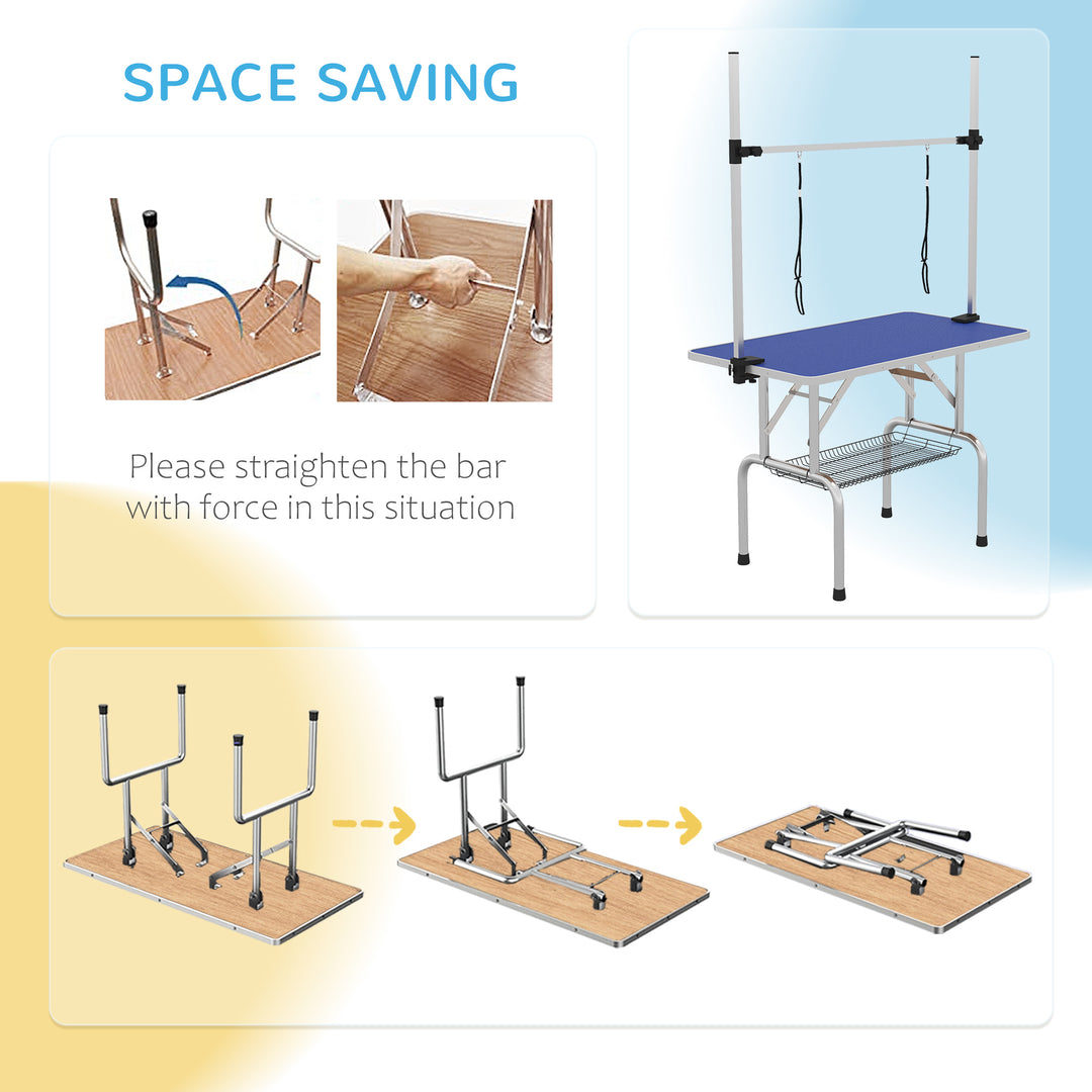 PawHut Adjustable Dog Grooming Table Rubber Top 2 Safety Slings Mesh Storage Basket Heavy Metal Blue 107 x 60 x 170cm