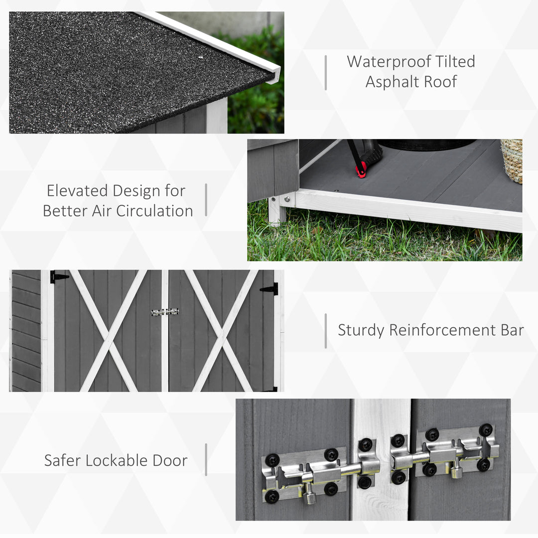 Outsunny Garden Wood Storage Shed w/ Storage Table, Hooks and Ground Nails Multifunction Lockable Sheds Tool Organizer, 139 x 75 x 160cm, Grey