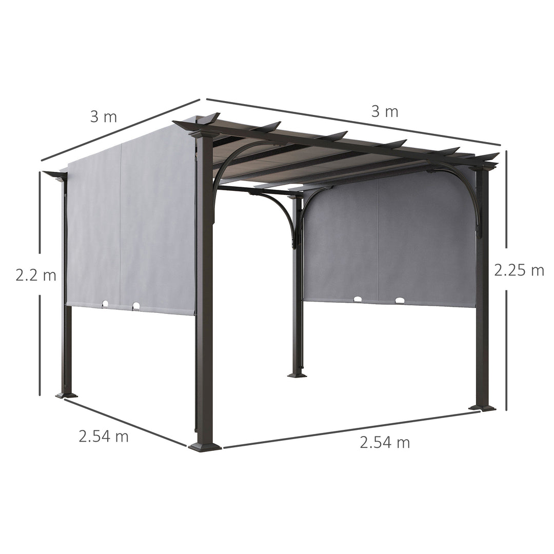 3 x 3(m) Garden Pergola, Outdoor Retractable Pergola Gazebo with Adjustable Canopy, Sun Shade Patio Canopy Shelter, Grey