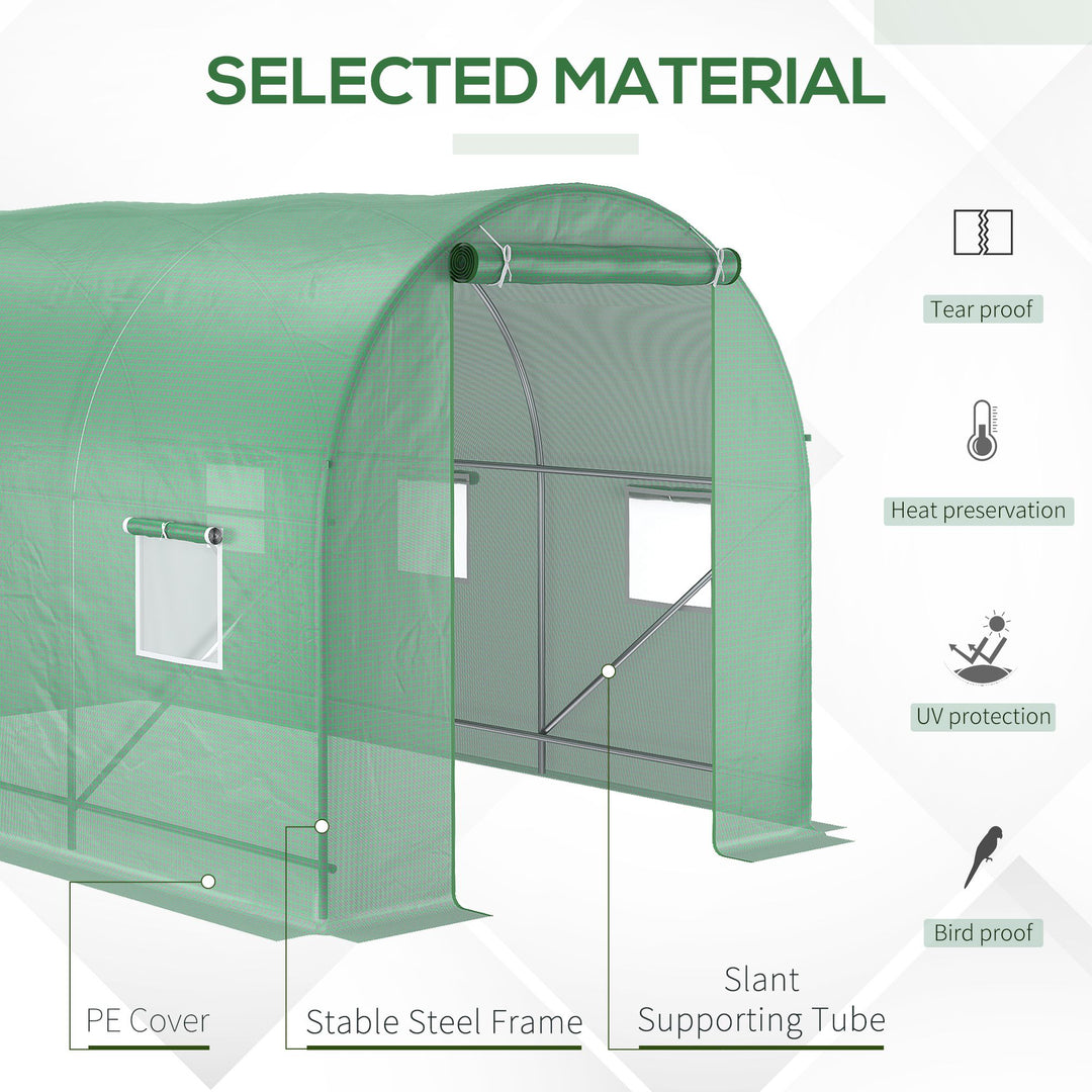 3.5 x 2 x 2 m Polytunnel Greenhouse, Walk in Pollytunnel Tent with Steel Frame, PE Cover, Roll Up Door and 6 Windows, Green