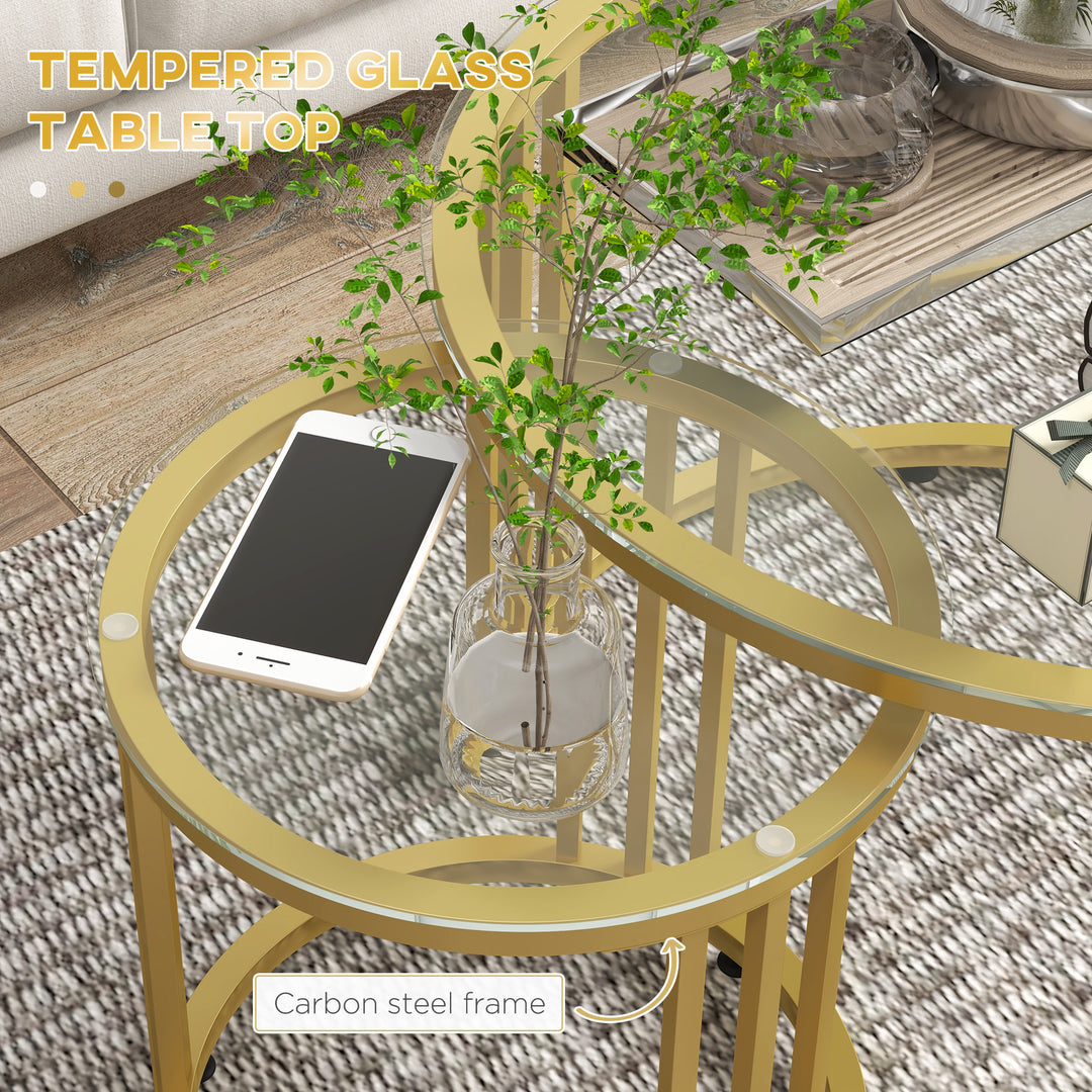 Round Coffee Tables Set of 2, Nesting Tables with Tempered Glass Top and Steel Frame, 60cmx60cmx47cm, Gold Tone