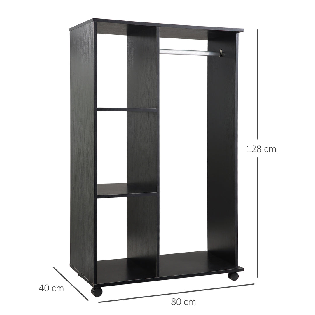 Open Wardrobe with Hanging Rail and Storage Shelves w/Wheels Bedroom- Black