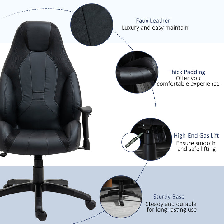 Vinsetto High Back Executive Office Chair Mesh & Fuax Leather Gamer Chair with Swivel Wheels, Adjustable Height and Armrest, Black