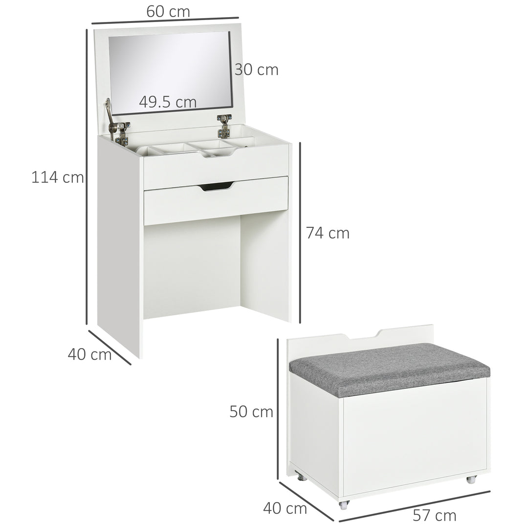 Dressing Table with Flip-up Mirror and Storage Stool, Vanity Table with Drawer and Hidden Compartments for Bedroom, Living Room, White