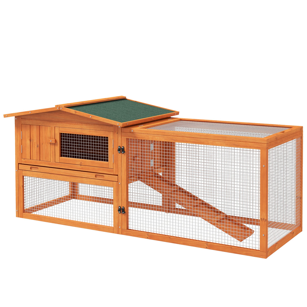 PawHut Rabbit Hutch and Run Outdoor Bunny Cage Wooden Guinea Pig Hide House with Sliding Tray, Hay Rack, Ramp, 156 x 58 x 68cm