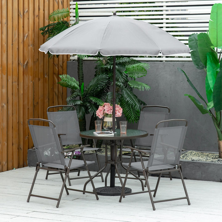 6 Piece Patio Dining Set with Umbrella, 4 Folding Dining Chairs & Round Tempered Glass Table for Garden, Backyard and Poolside, Grey