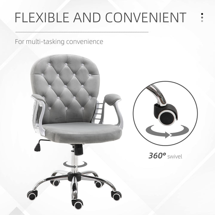 Vinsetto Office Chair Ergonomic 360° Swivel Diamond Tufted Home Work Velour Padded Base 5 Castor Wheels Grey