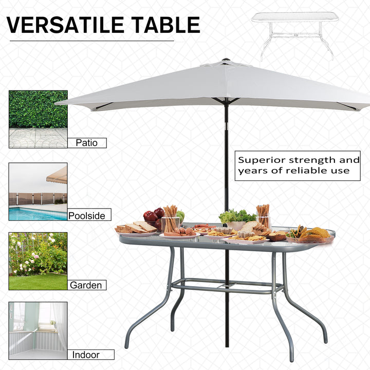 Glass Top Garden Table Curved Metal Frame w/ Parasol Hole 4 Legs Outdoor  Balcony Sturdy Friends Family Dining Table  -Grey