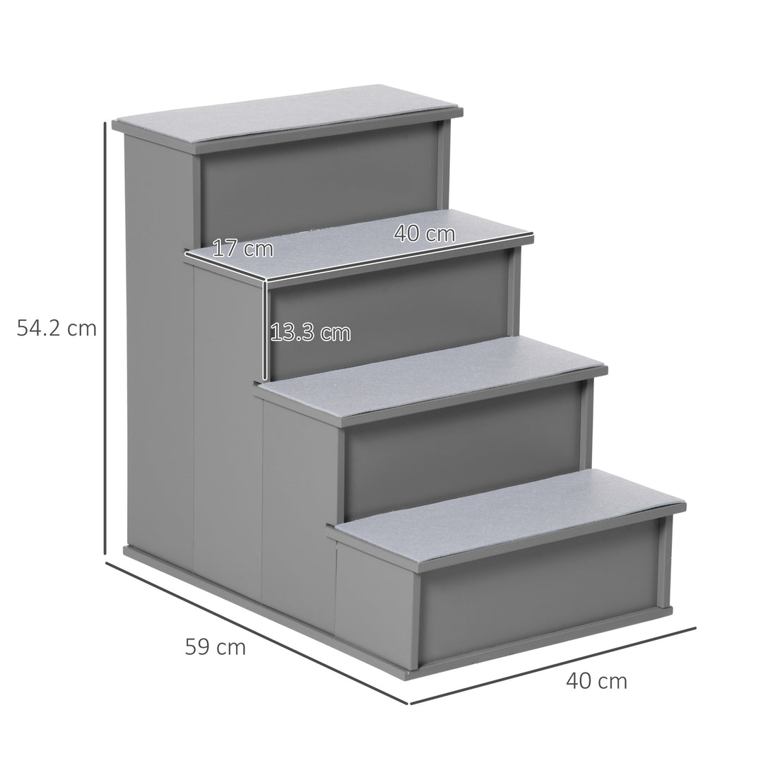 PawHut 4 Step Wooden Cushioned Pet Stairs Ramp Steps for Dogs, Cat Ladder for Bed Couch with Non-Slip Carpet, 40 x 59 x 54.2 cm, Grey