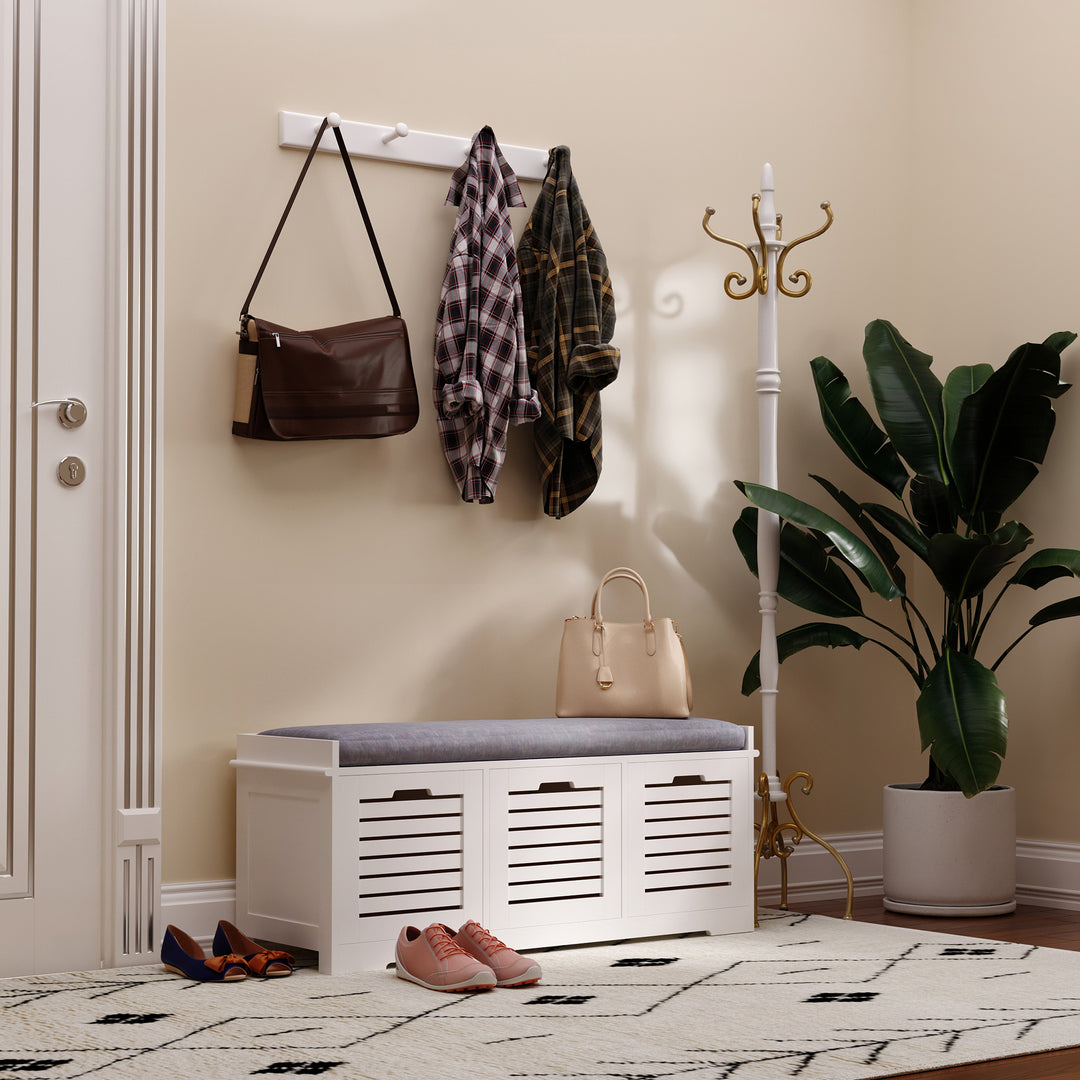 White Storage Bench with 3 Drawers & Removable Grey Seat Cushion Hallway Organisation furniture