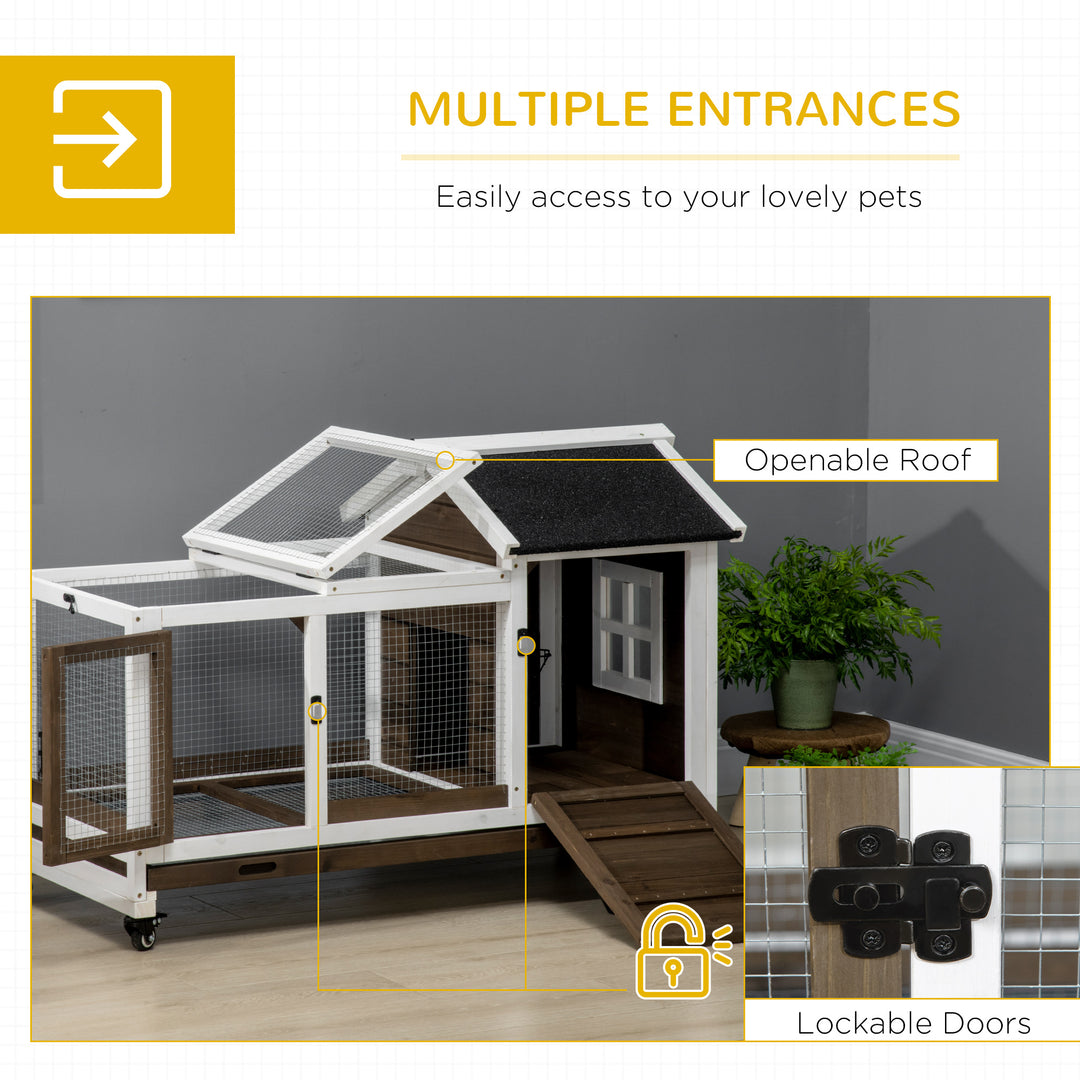 PawHut Wooden Rabbit Hutch with Wheels, Guinea Pig Cage, Small Animal House for Outdoor & Indoor with Slide-out Tray, 108 x 58 x 73.5cm, Coffee