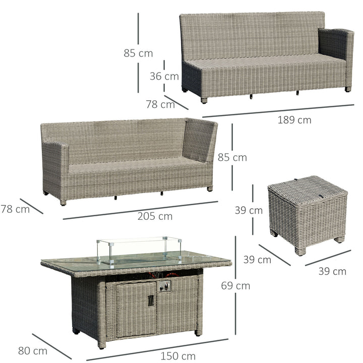 8-Seater Outdoor PE Rattan Sofa Set Conversation Set w/ Fire Pit Table, L-Shape Sofa, Footstool, Olefin Cushions and Furniture Cover