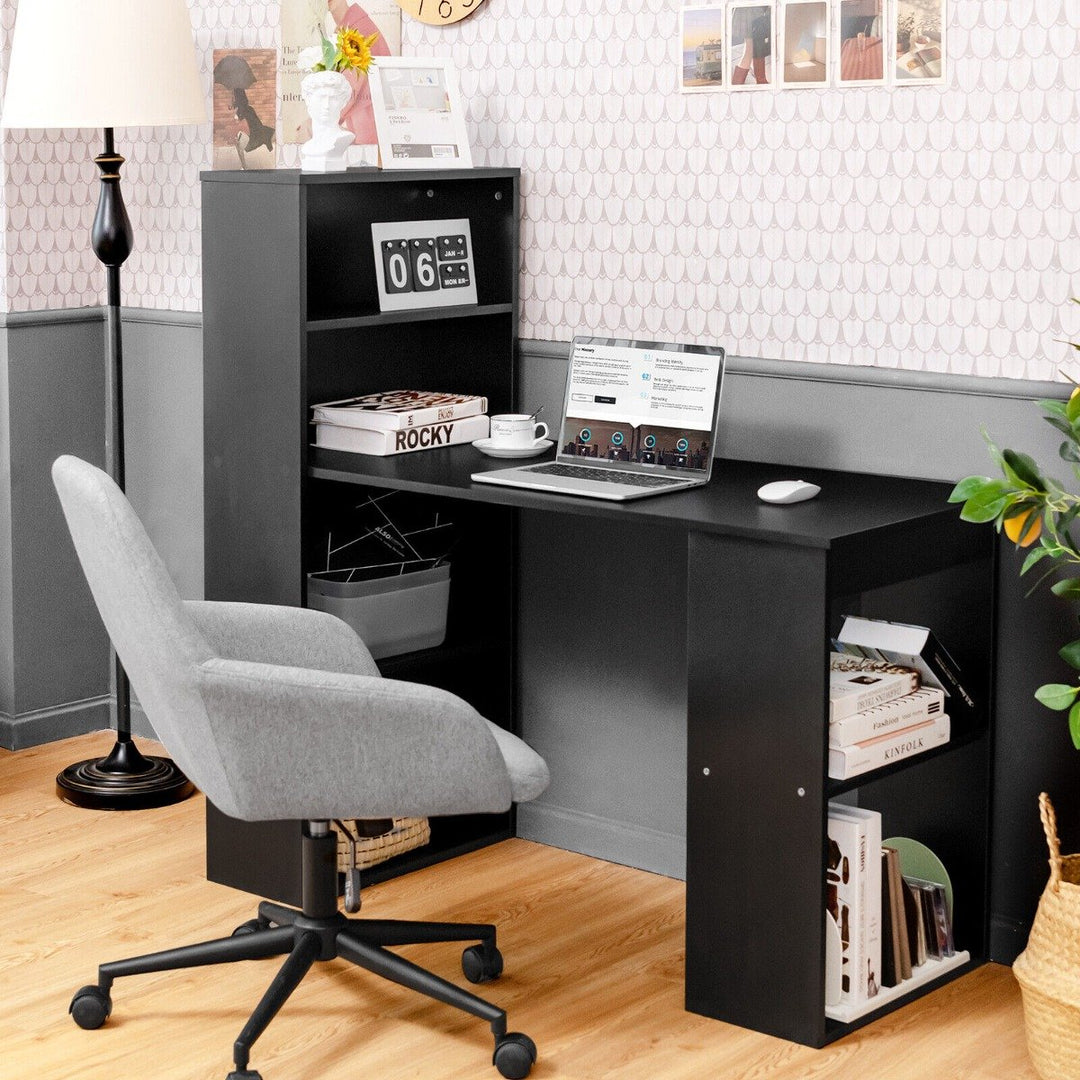 Modern 3-in-1 Wooden Computer Desk with 6-Tier Storage Bookshelves-Black