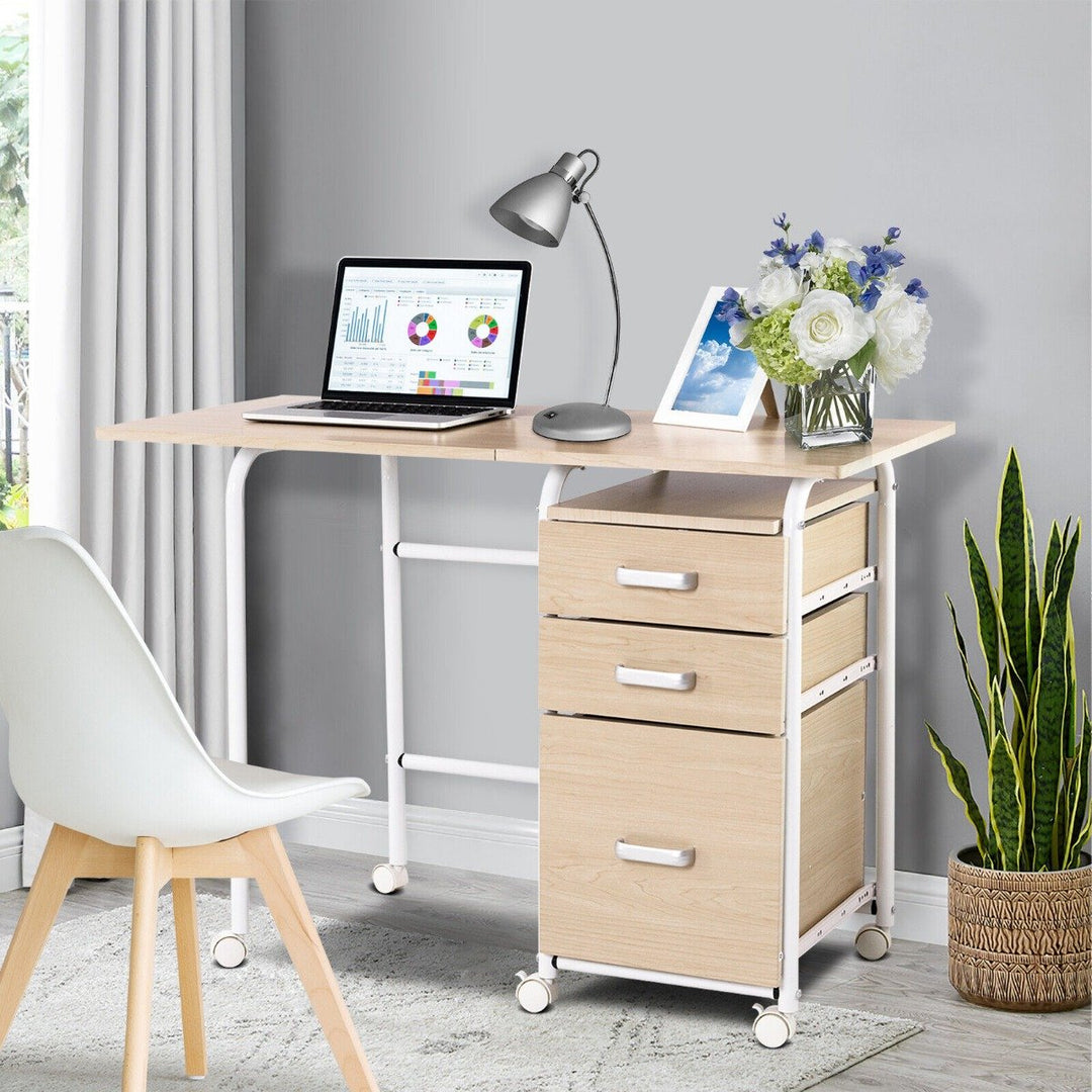 Folding Computer Desk with 3 Drawers-Natural