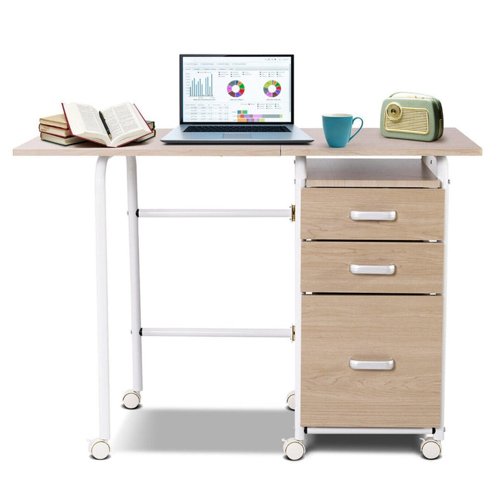 Folding Computer Desk with 3 Drawers-Natural