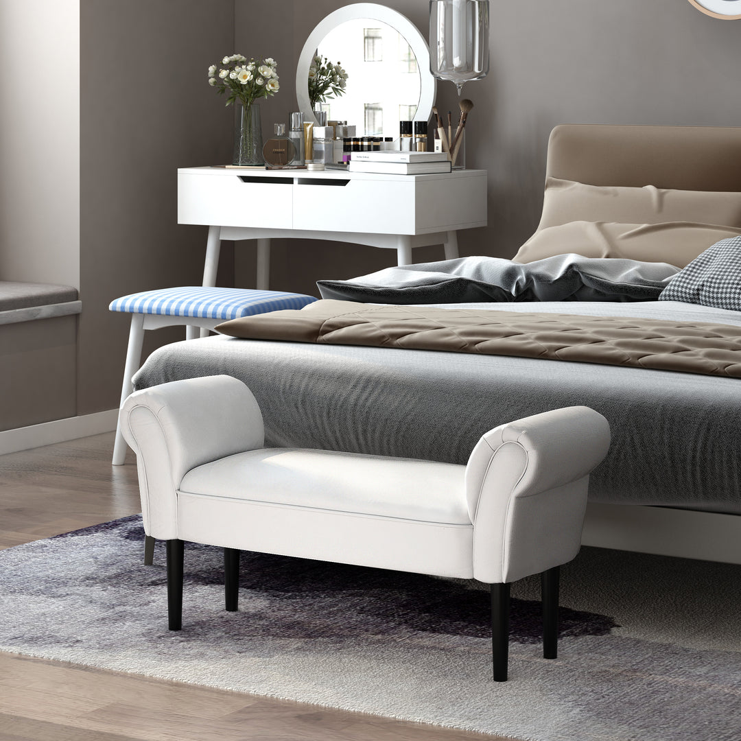 Small-sized Bed End Side Chaise Lounge Sofa Window Seat Arm Bench Wooden Leg Fabric Cover (White)