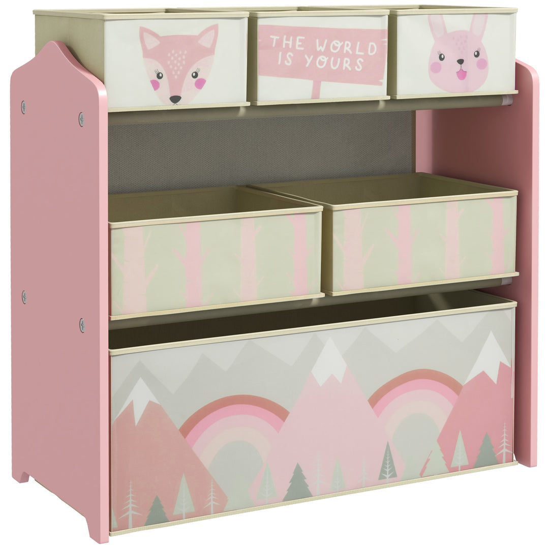 Kids Storage Units with 6 Fabric Bins, Childrens Toy Storage Organiser for Bedroom - Pink