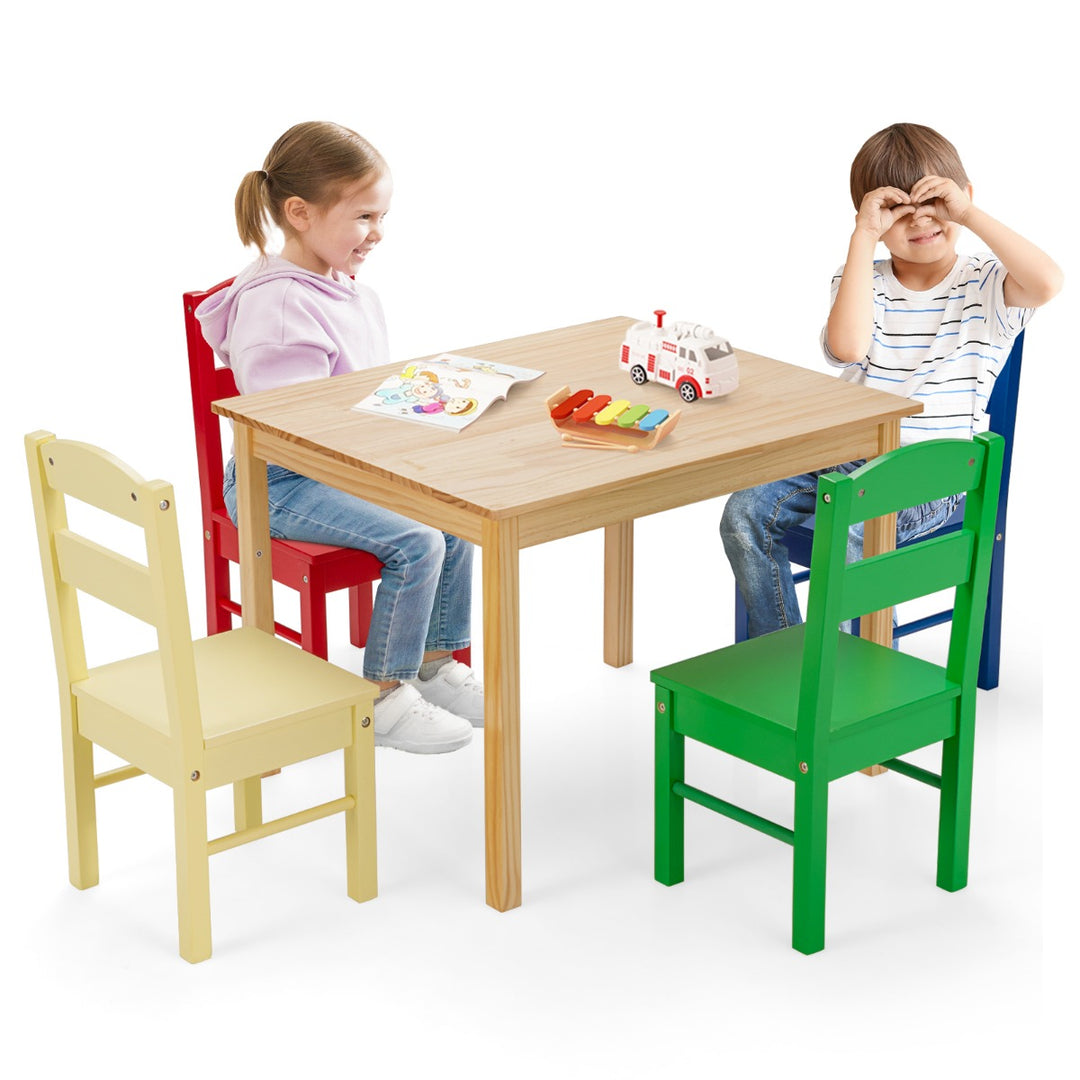 Children Wooden Table and 4 Chairs for Preschool Girls and Boys-Multicolor