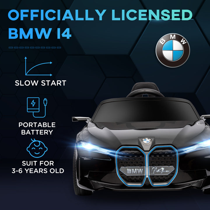 BMW i4 Licensed 12V Kids Electric Ride on Car with Remote Control, Powered Electric Car with Portable Battery, Music, Horn, Headlights, MP3 Slot, Suspension Wheels, for Ages 3-6 Years - Black