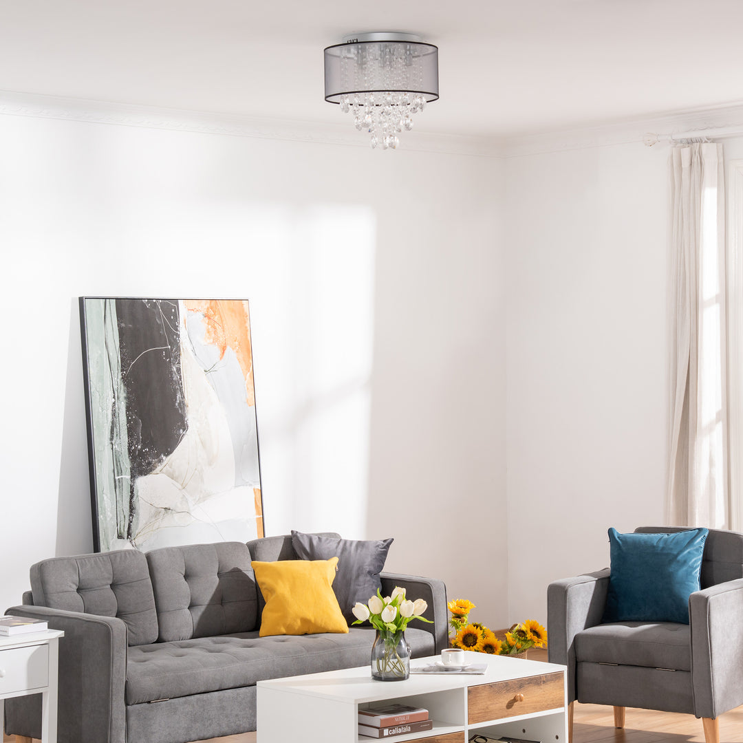 Modern Crystal Chandelier Flush Mount LED Ceiling Light with Drum Shade for Living Room Bedroom Dining Room Silver