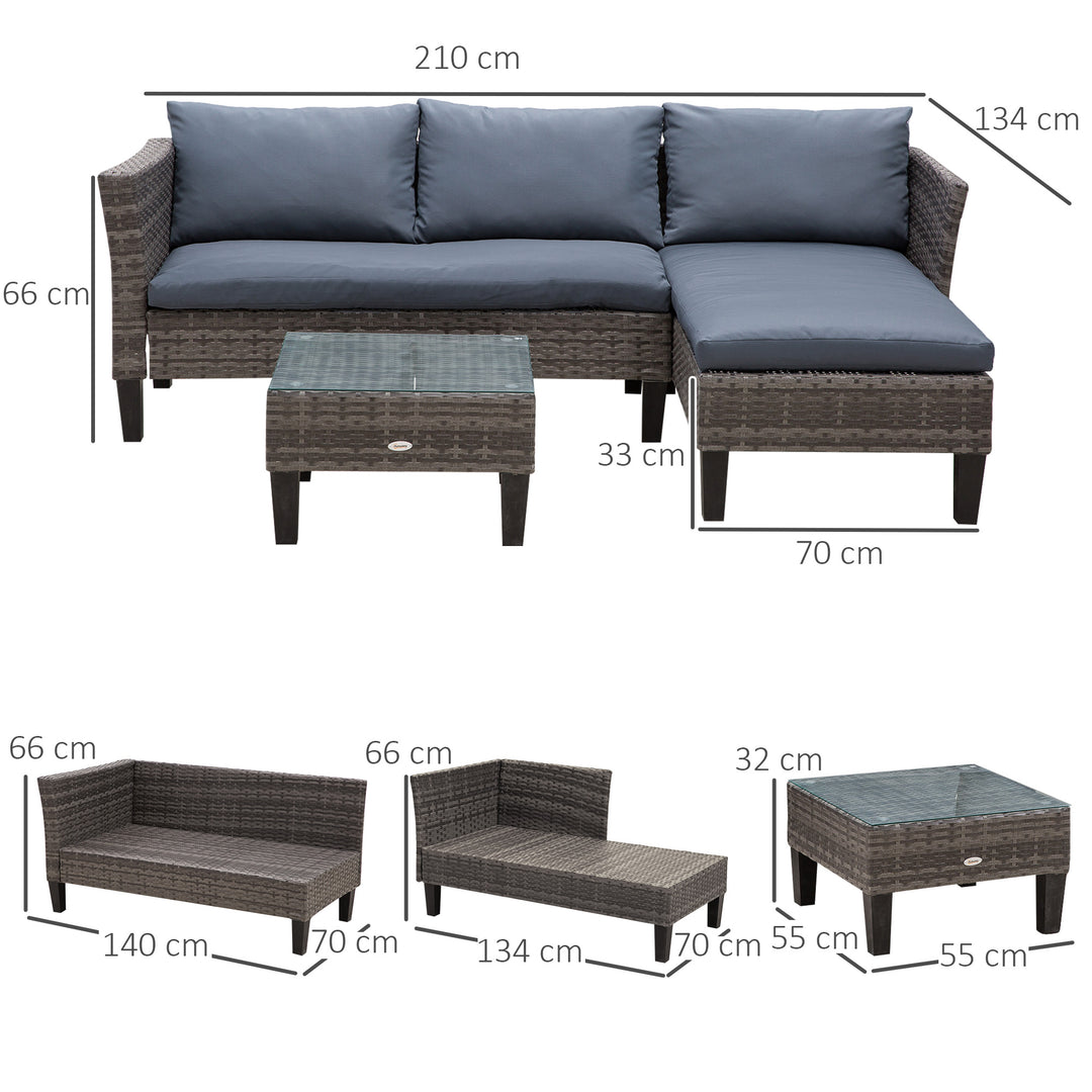 4-Seater Garden Sofa PE Rattan Set w/ 2 Seats Square Glass Top Coffee Table Thick Cushions Solid Legs Metal Frame Patio L Corner Shape, Grey