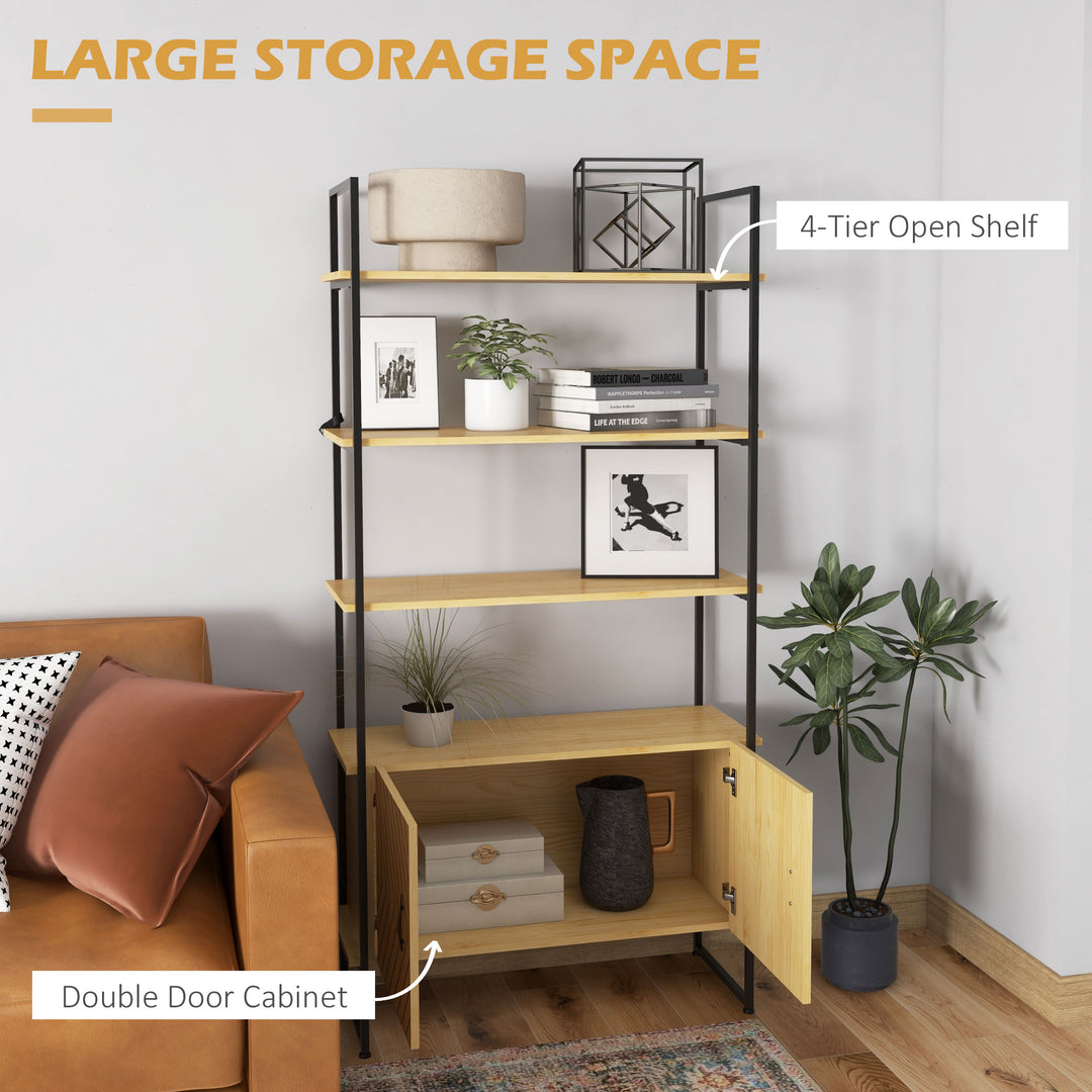 Industrial Bookshelf 4-Tier Shelving with Double Door Cabinet and Metal Frame for Living Room, Bedroom, Oak Tone