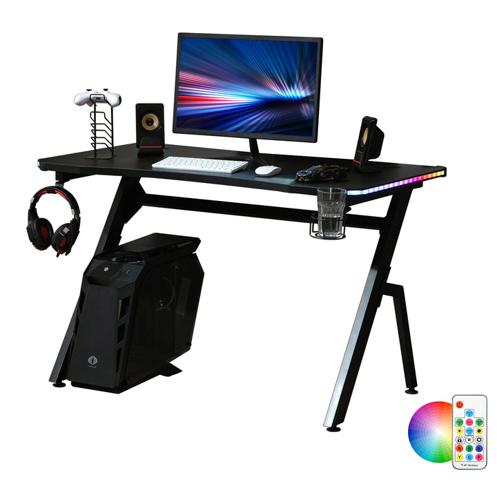 Gaming Desk Racing Style Home Office Ergonomic Computer Table Workstation with RGB LED Lights,  Black