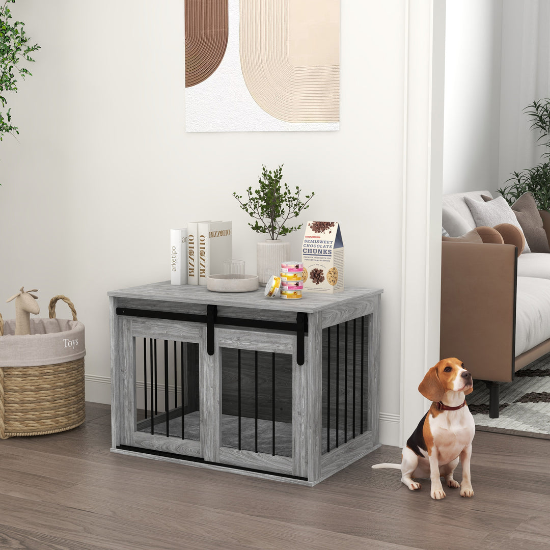 PawHut 80cm Dog Crate Furniture with Removable Cushion for Large Dogs- Grey