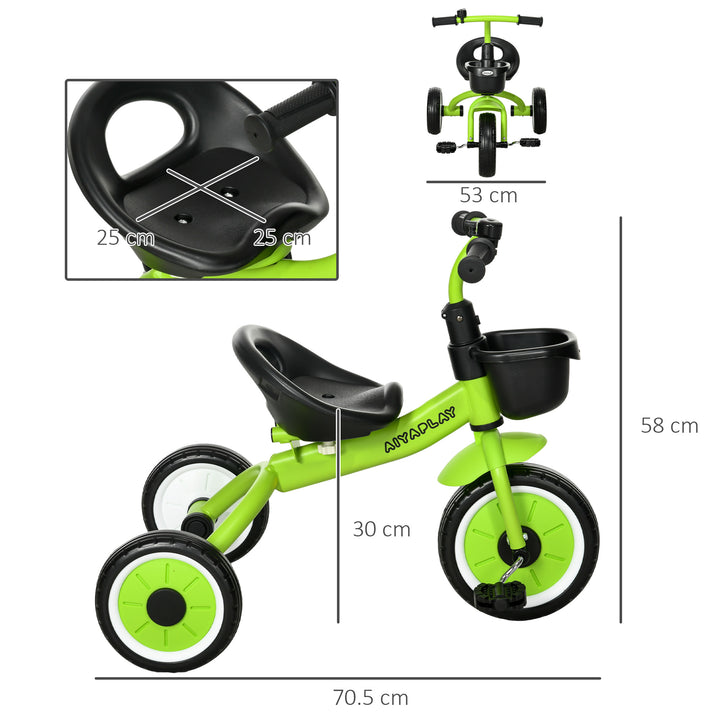 Kids Trike, Tricycle, with Adjustable Seat, Basket, Bell, for Ages 2-5 Years - Green