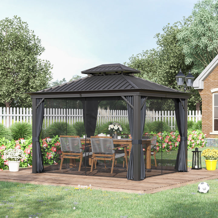 3.7 x 3(m) Outdoor Hardtop Gazebo Canopy Aluminum Frame with 2-Tier Roof &amp; Mesh Netting Sidewalls for Patio, Grey