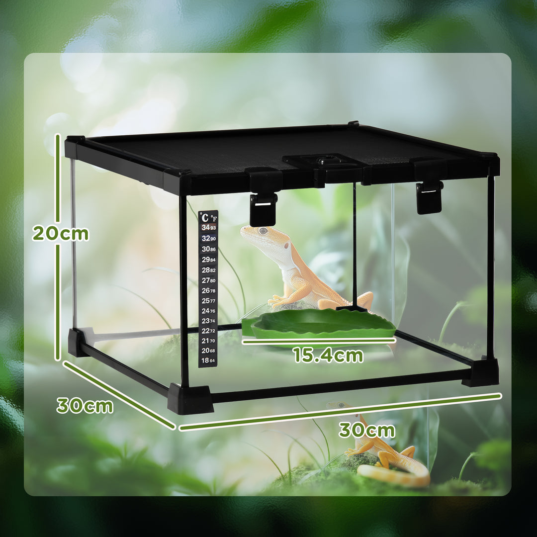 PawHut 30 x 30 x 20 cm Reptile Glass Terrarium, Reptile Breeding Tank, Climbing pet Glass Containers, Arboreal Box, with Strip Patch Thermometer-Black