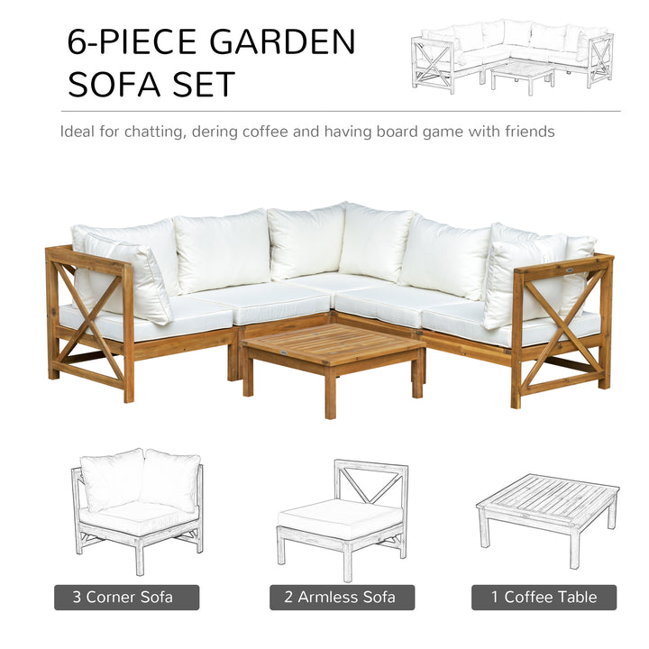 6pcs Patio Furniture Set Garden Sofa Set 1 Coffee Table Suitable with Cushions for Outdoor Indoor Balcony Poolside Acacia Wood Cream White