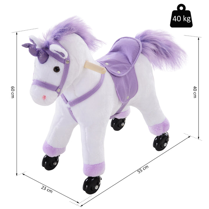 Four Wheel Sit-On Unicorn Horse Neigh Button Plush Safe Seat Handlebar Wood Frame