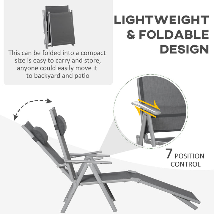 Outsunny Outdoor Folding Chaise Lounge Chair Recliner with Portable Design &amp; 7 Adjustable Backrest Positions ， Steel Fabric Sun Lounger- Dark Grey