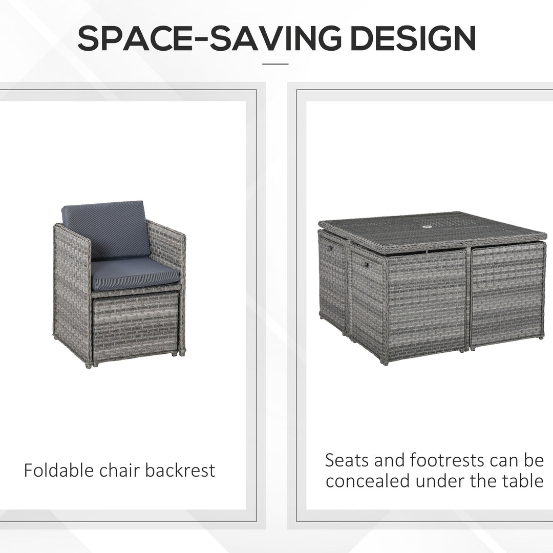 Outsunny Patio 8-Seater Rattan Dining Table Chair Set Garden Wicker Cube Sofa Furniture w/ Umbrella Hole Table for Indoor &amp; Outdoor Mixed Grey