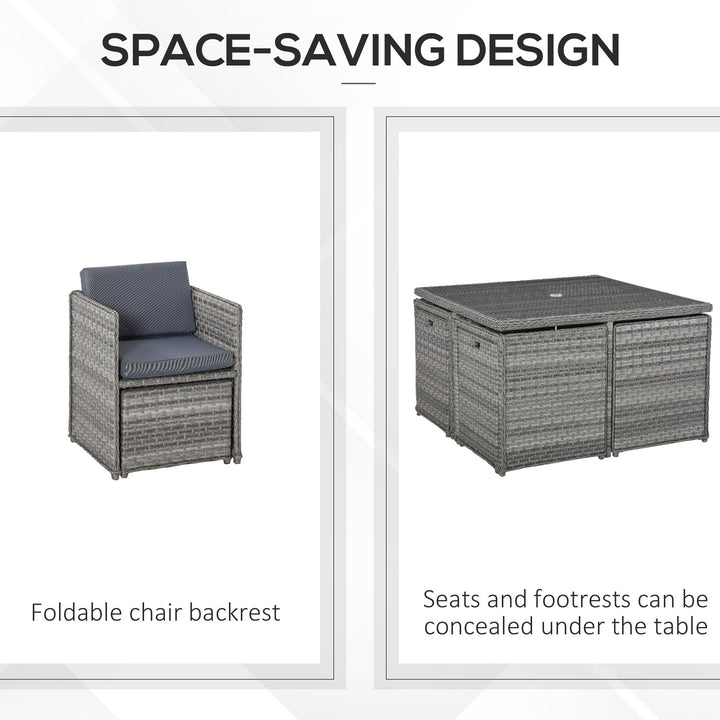 Outsunny Patio 8-Seater Rattan Dining Table Chair Set Garden Wicker Cube Sofa Furniture w/ Umbrella Hole Table for Indoor &amp; Outdoor Mixed Grey
