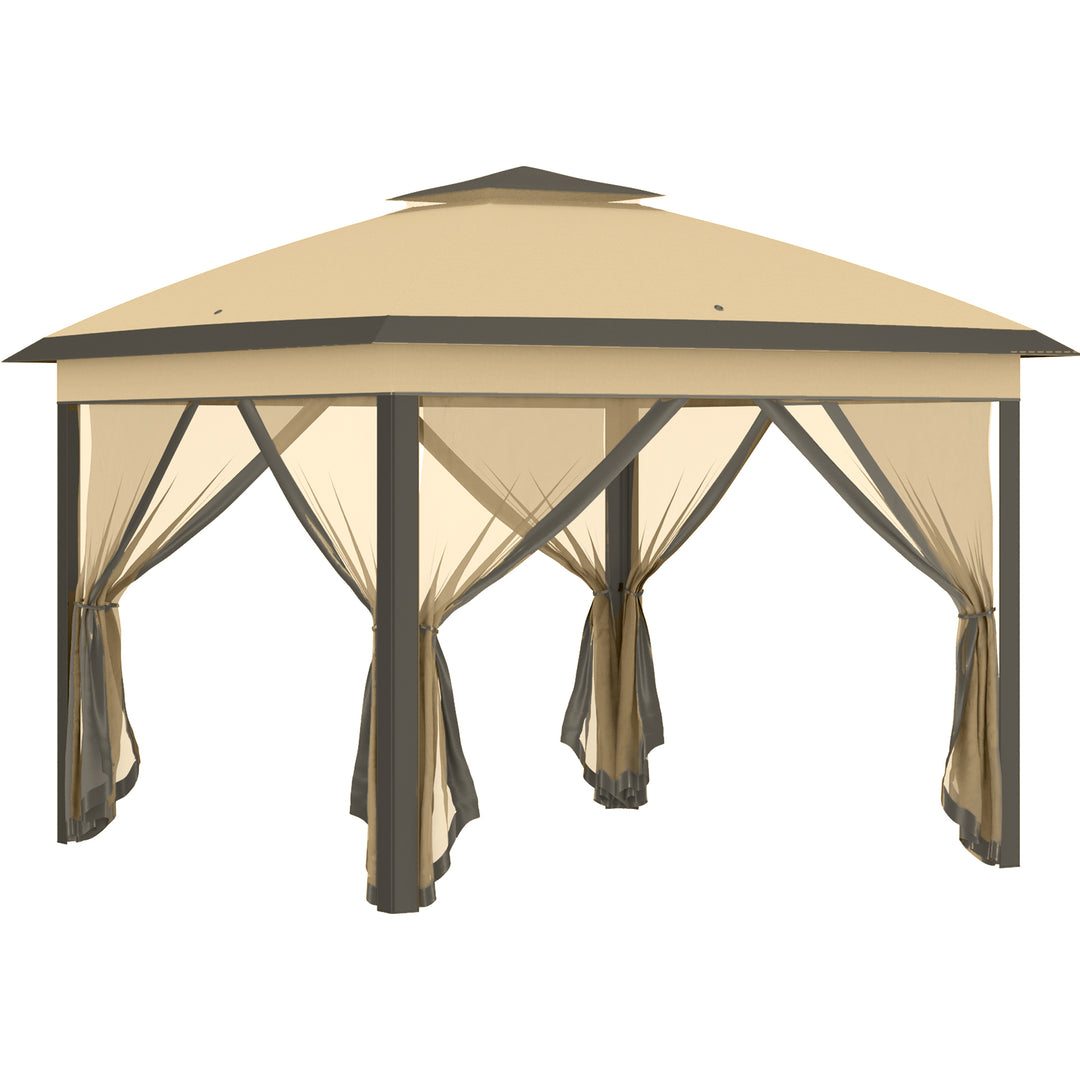 Outsunny 11' x 11' Pop Up Canopy, Double Roof Foldable Canopy Tent with Zippered Mesh Sidewalls, Height Adjustable and Carrying Bag, Event Tent Beige