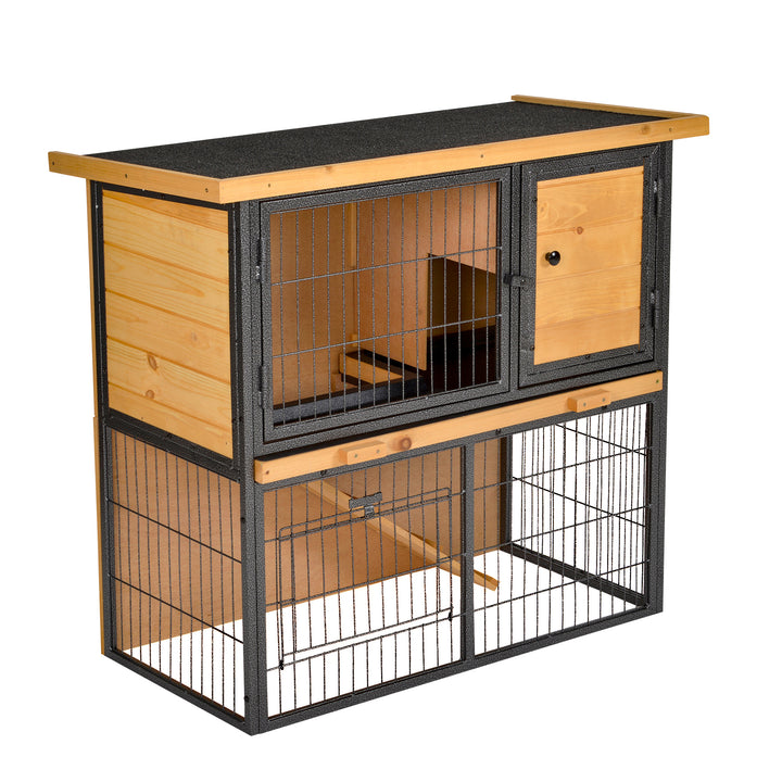 PawHut Wood-metal Rabbit Hutch Elevated Pet House Bunny Cage with Slide-Out Tray Asphalt Openable Roof Lockable Door Outdoor