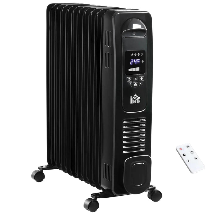 HOMCOM 2720W Digital Display Oil Filled Radiator 11Fin Portable Electric Heater w/ Built-in Timer Three Heat settings Safety switch Remote Control