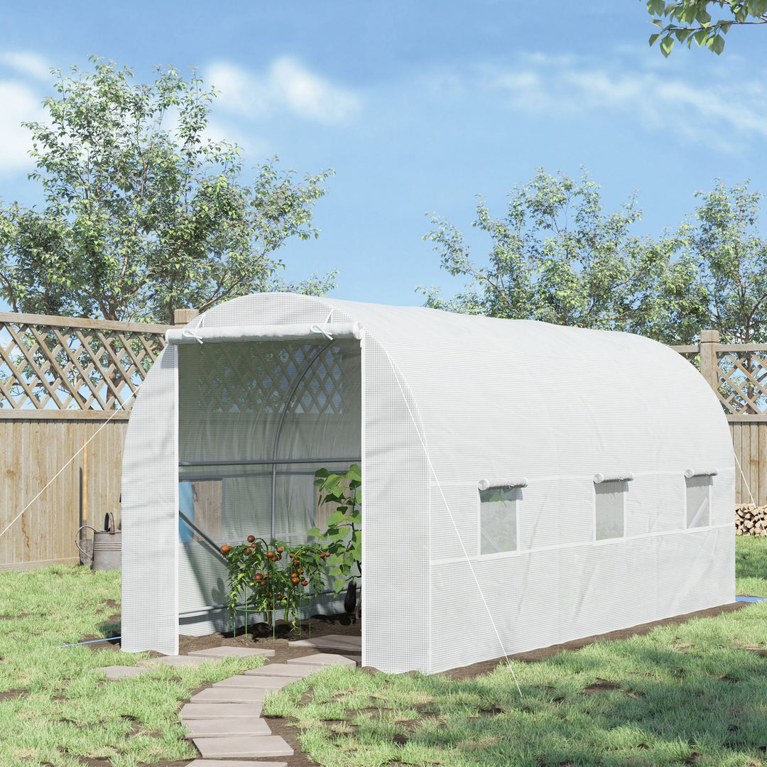 Outsunny 4.5 x 2 x 2 m Large Galvanised Steel Frame Outdoor Poly Tunnel Garden Walk-In Patio Greenhouse - White