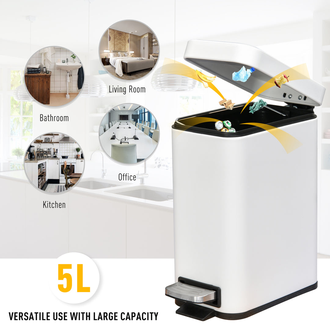 5L Rectangular Compact Bin Steel Body Removable Bucket Quiet-Close Lid w/ Pedal Lid Rubbish Trash Can Garbage Tidy Clean White