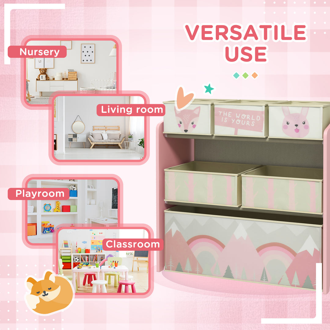 Kids Storage Units with 6 Fabric Bins, Childrens Toy Storage Organiser for Bedroom - Pink