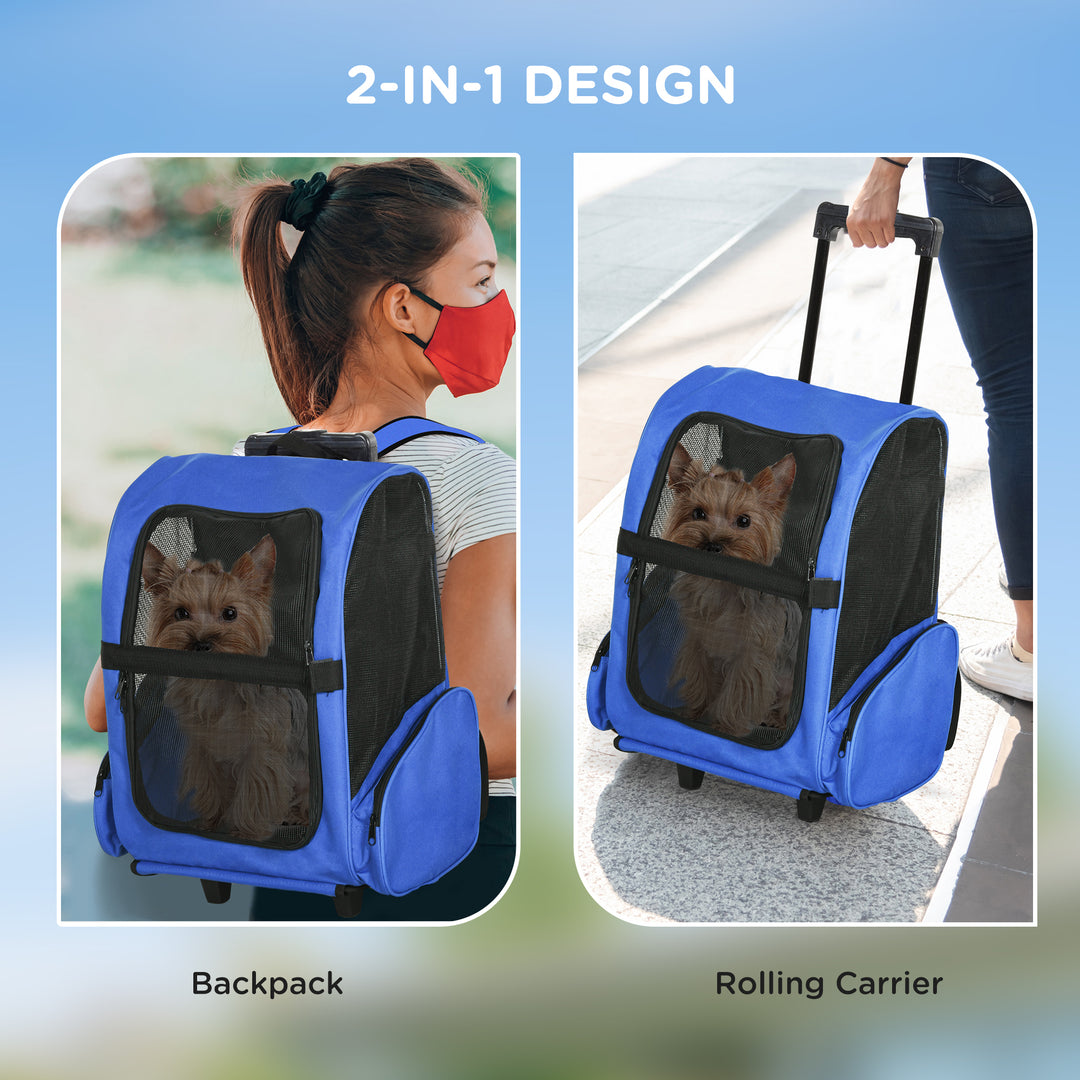 PawHut Pet Carrier Travel Backpack Bag Cat Carrier Puppy Dog Bag w/ Trolley, Telescopic Handle Portable Stroller Wheel, 42 x 25 x 55 cm, Blue